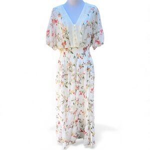 Anthropologie J.Gee Cottage Core Floral Maxi Bohemian Dress in Cream and Pink PL